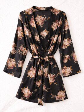 🪩 2/20 Unknown Brand Floral Satin Tie Robe One Size